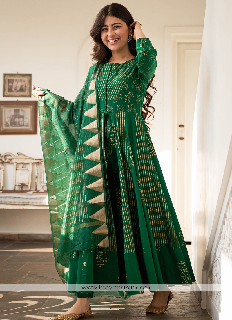 Magnetic Green Colored Front Slit Stitched Woven Jacquard Suit Set