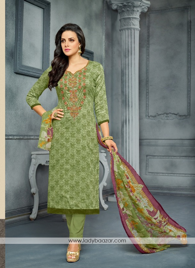 Magnetic Green Cotton Straight Slawar Suit