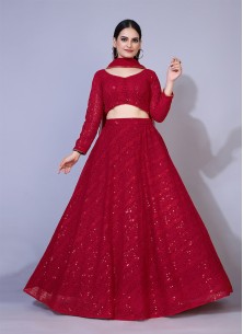 Maroon A-Line Lucknowi Chikankari Work Stitched Lehenga Choli