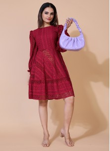 Maroon Lucknowi Chikankari Borer Work Rayon Western Dress