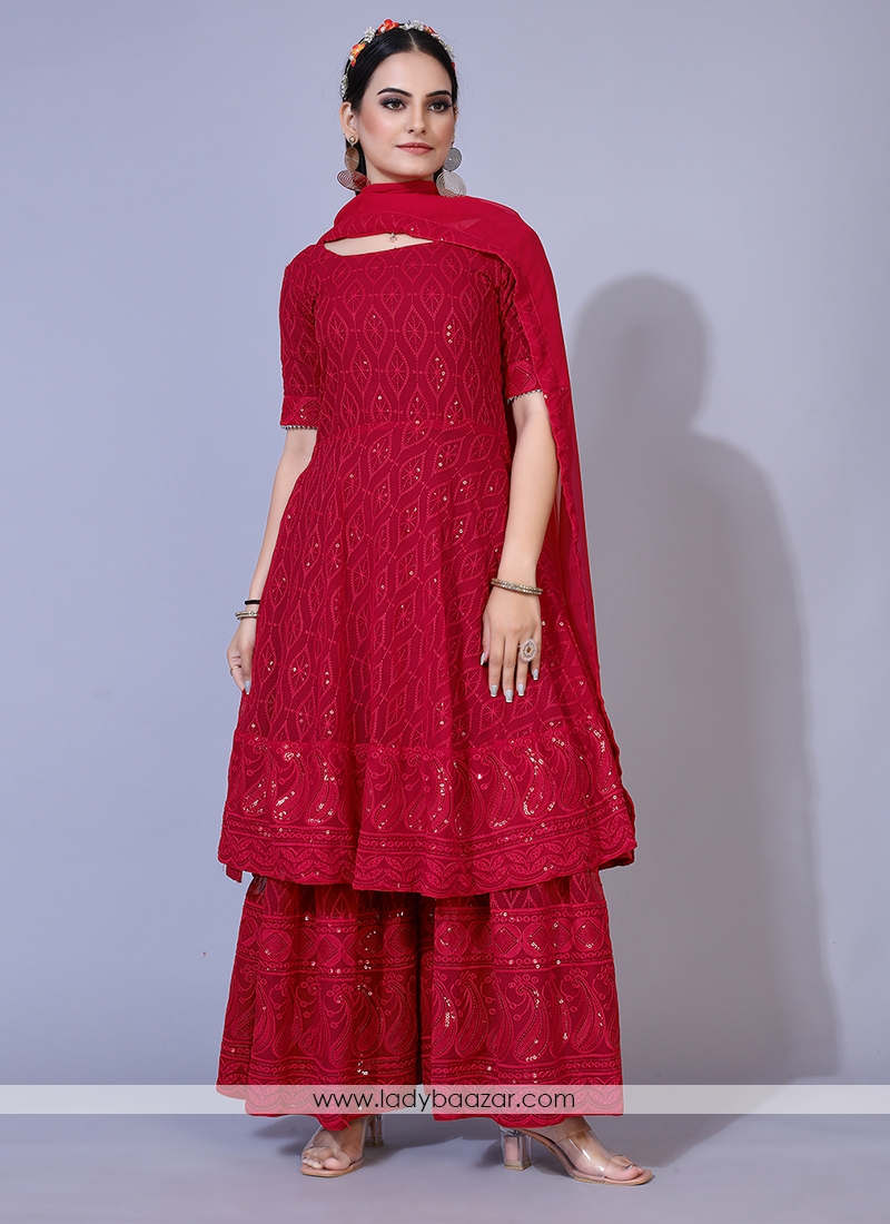 Maroon Lucknowi Chikankari Work Georgette Sharara Suit