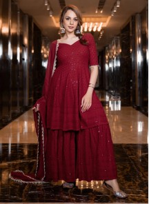 Maroon Rayon Sharara With Lucknowi Chikankari Embroidery Work