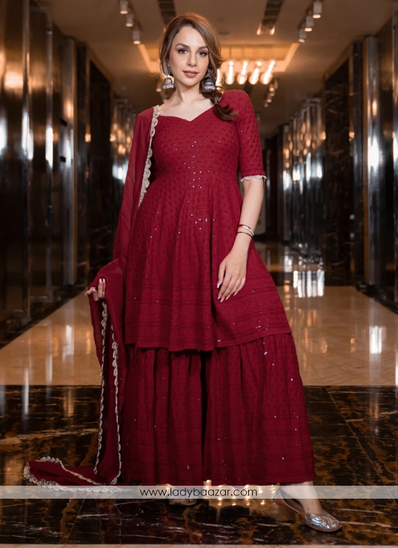 Maroon Rayon Sharara With Lucknowi Chikankari Embroidery Work