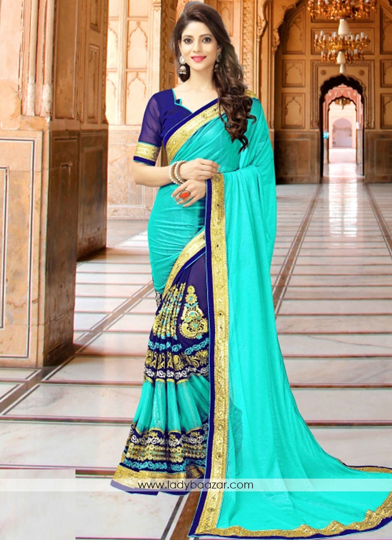 Marvelous Turquoies Lace Work Designer Embroidery Saree