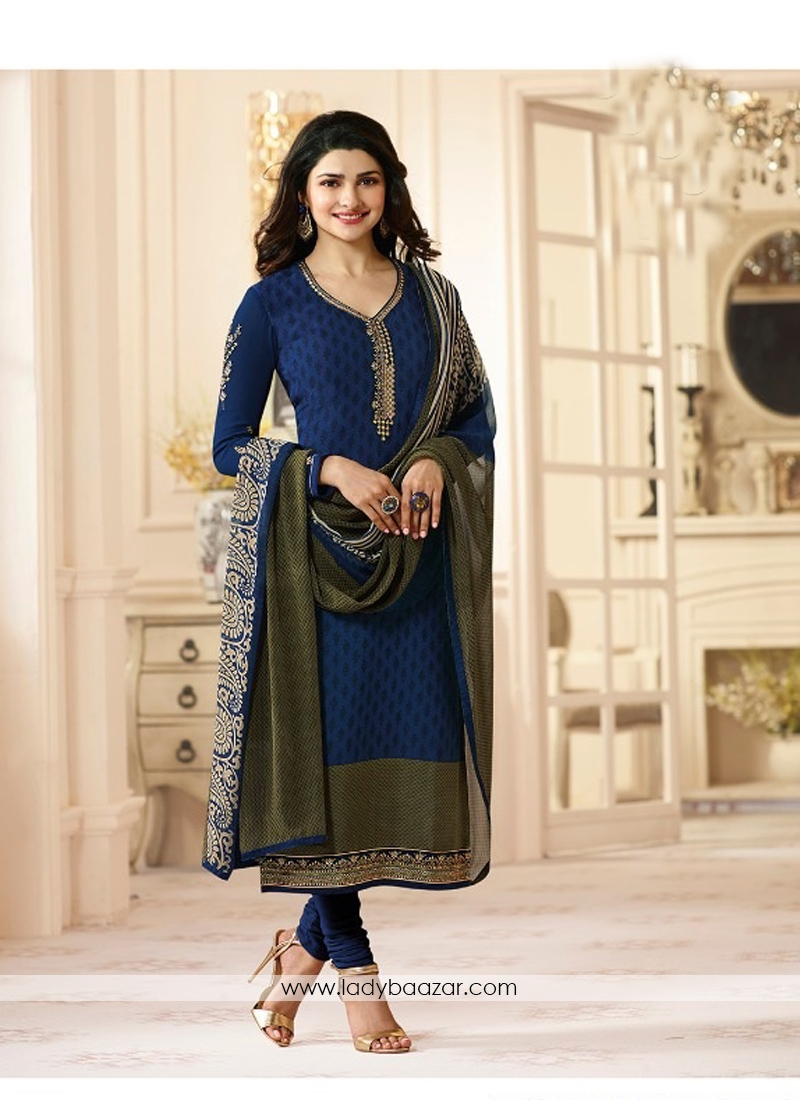 Masterly Navy Blue Crepe Embroidery With Printed Salwar Suit