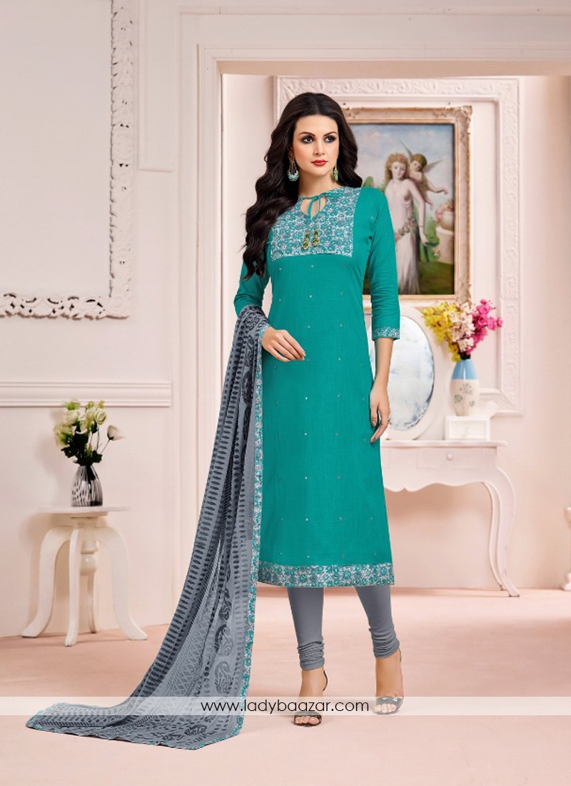 Mesmerizing Grey With Green Cotton Embroidery With Printed Salwar Suit