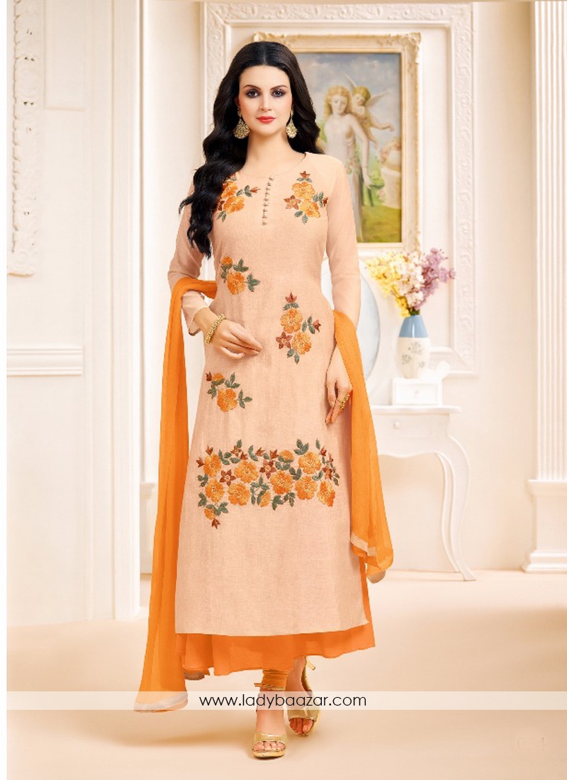 Mesmerizing  Peach Silk With Lawn Embroidery Work Straight Suit