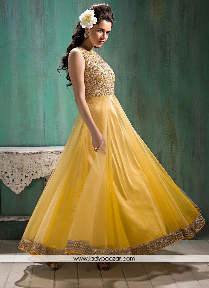 Mesmerizing  Yellow Embroidered Work Anarkali Salwar Kameez