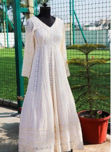 Milky White Designer Anarkali Gown With Lucknowi C