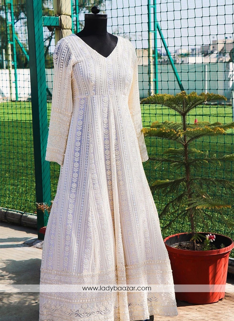 Buy Ivory Lucknowi Chikankari Anarkali Dress Online | PinkPhulkari  California