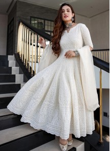 Milky White Designer Anarkali Gown In Rayon With Lucknowi Chikankari Embroidery Work