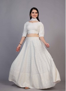 Milky White Lucknowi Chikankari Work Lehenga