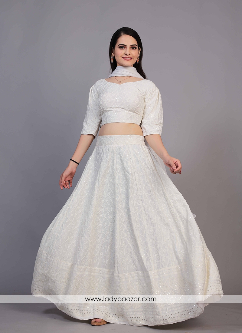 Milky White Lucknowi Chikankari Work Lehenga