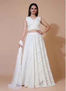 Milky White Stylish  Lehenga With Angrakha Style  Sleeveless Crop Top