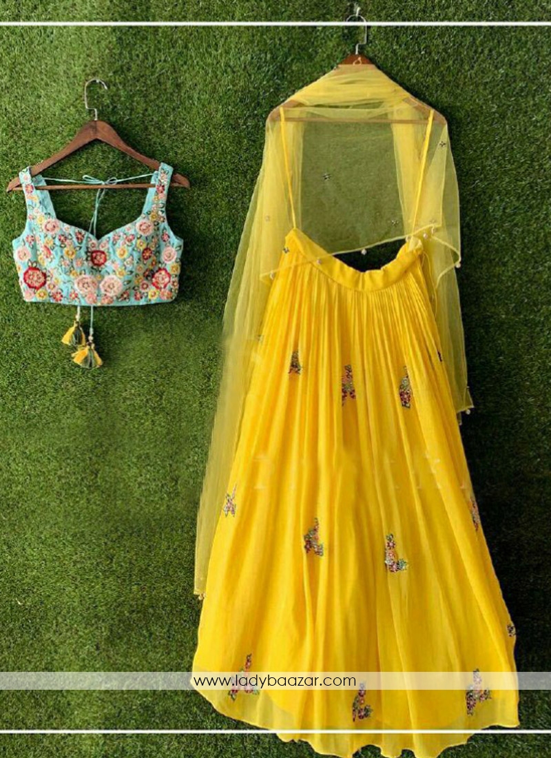 Miraculous Embroidered Georgette Yellow Party Wear Lehenga Choli