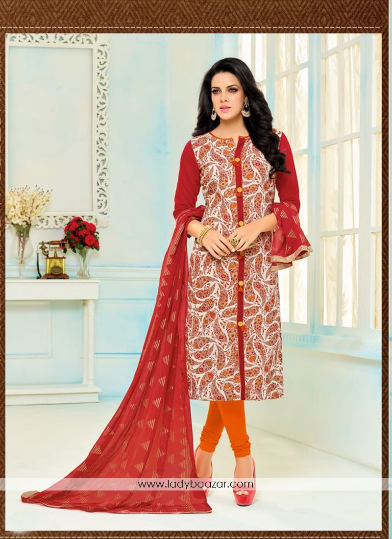 Modest Chanderi Red Printed Salwar Kameez