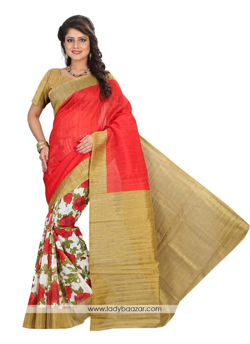 Modest Cream With Red Bhgalpuri Silk Printed Saree