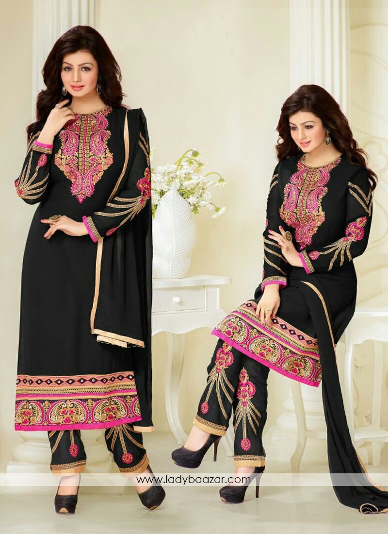 Modish Embroidered Work Black Churidar Designer Suit