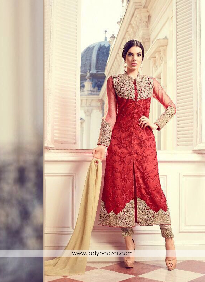 Modish Red Net Embroidery Work Designer Salwar Suit