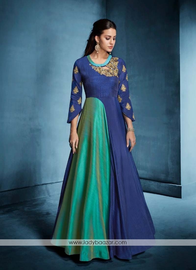 Morvi Silk Embroidered Floor Length Anarkali Suit In Blue And Green