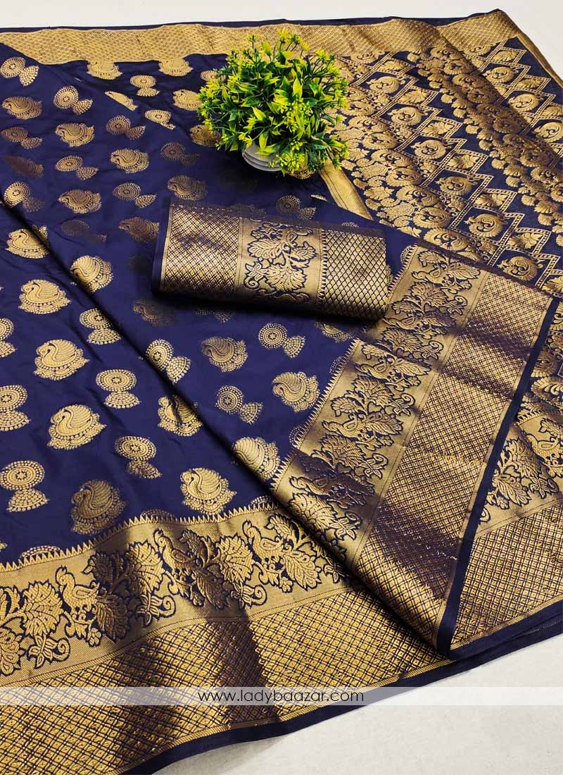 Navy Blue Festive Wear Woven Silk Saree