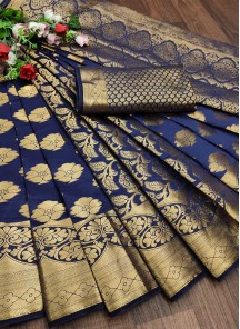 Navy Blue Festive Wear Woven Silk Saree
