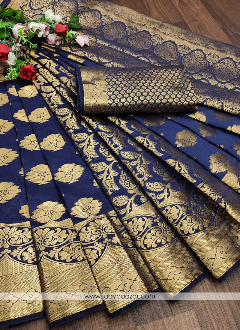 Navy Blue Festive Wear Woven Silk Saree