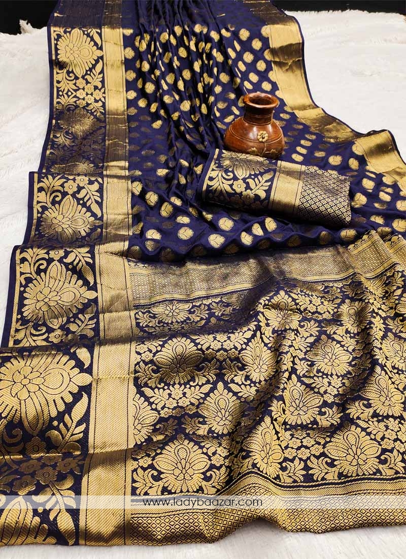 Navy Blue Festive Wear Woven Silk Saree