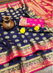 Navy Blue Festive Wear Woven Silk Saree