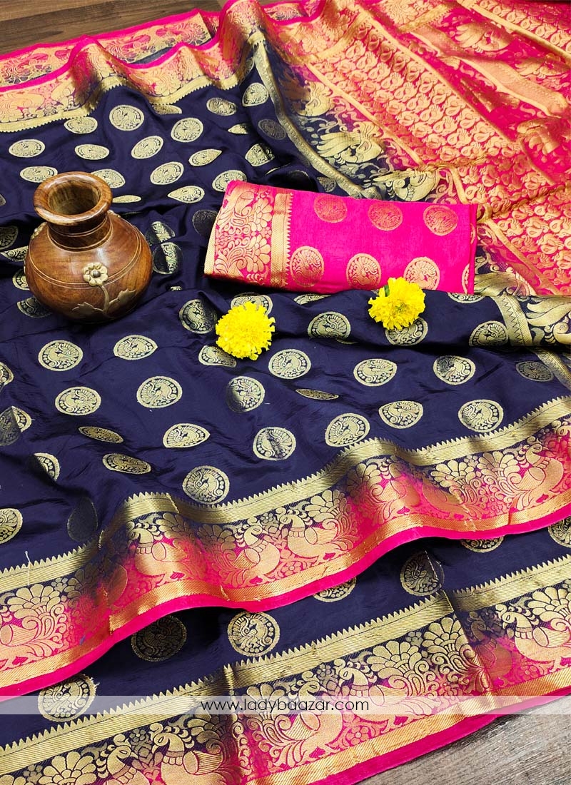 Navy Blue Festive Wear Woven Silk Saree