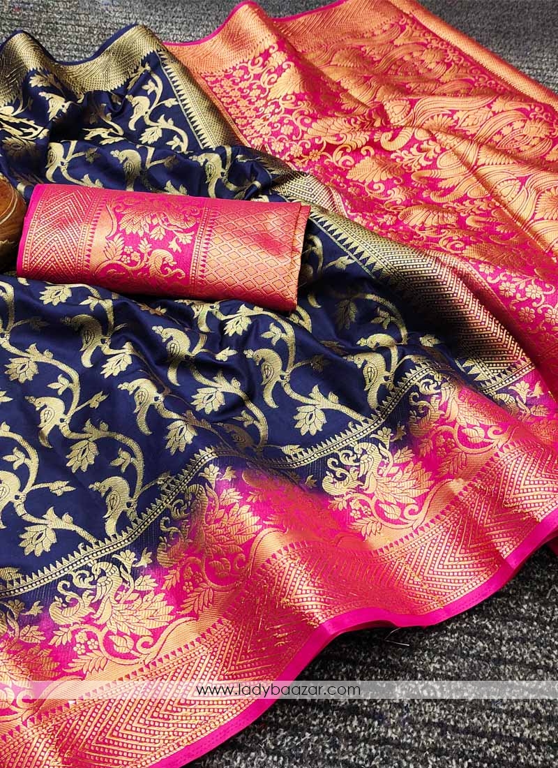 Navy Blue Festive Wear Woven Silk Saree