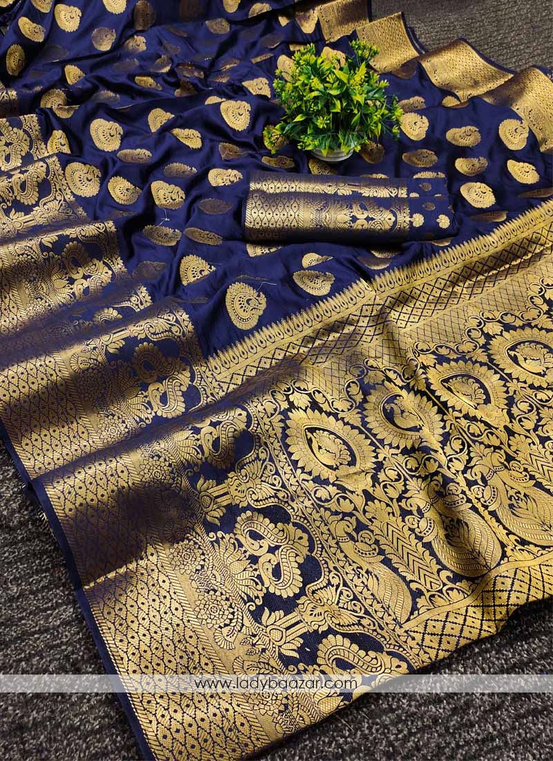 Navy Blue Festive Wear Woven Silk Saree