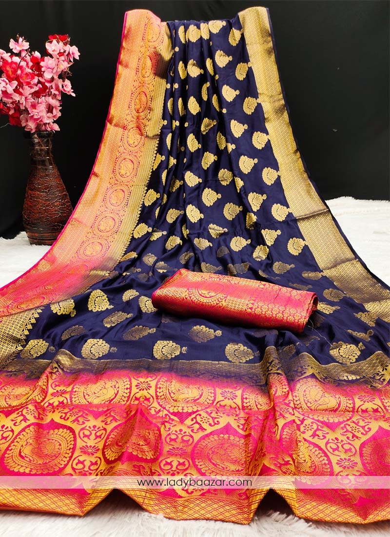 Navy Blue Festive Wear Woven Silk Saree