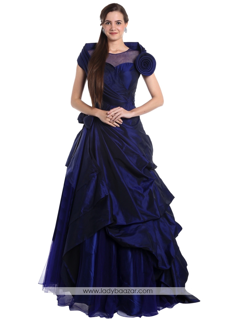 Navy blue Tapeta silk and net gown with 3D flower