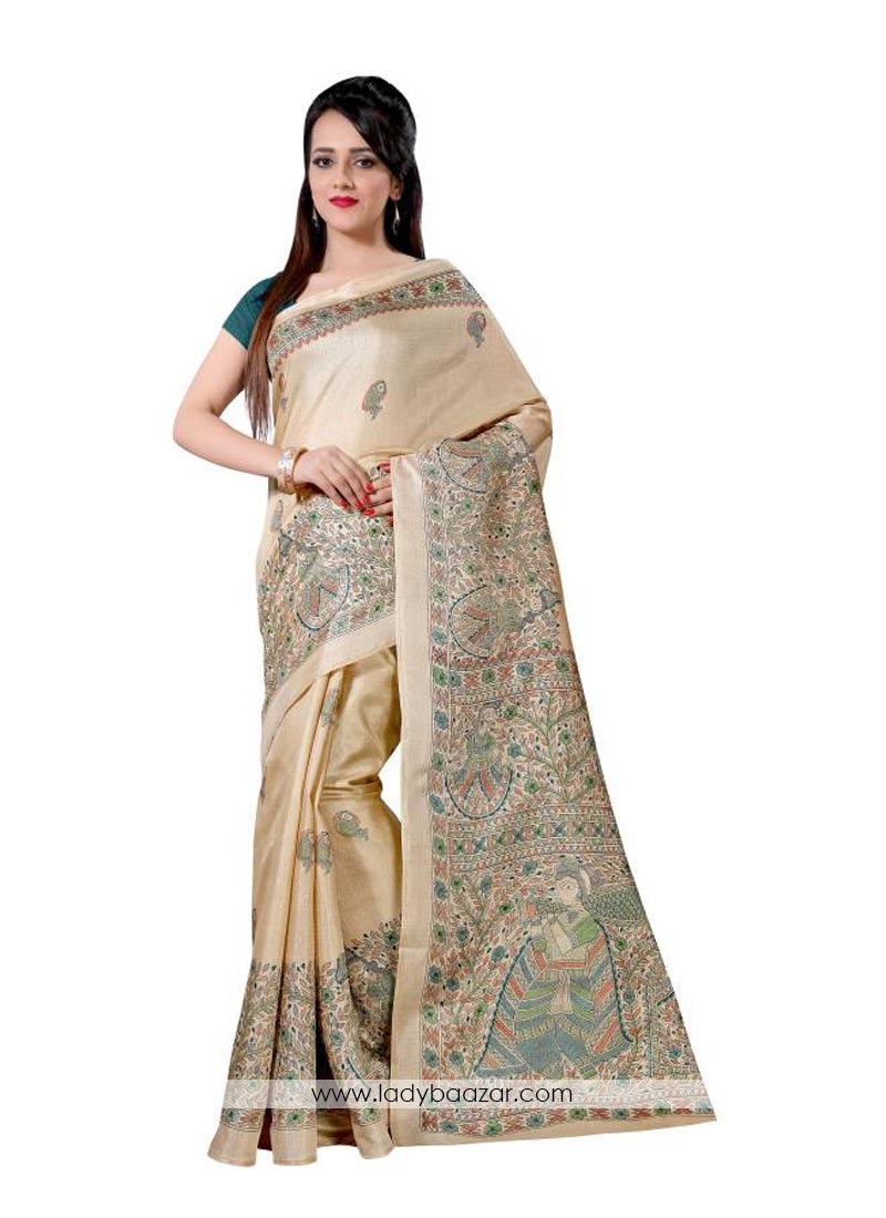 Noble Cream Bhagalpuri Silk Printed Saree