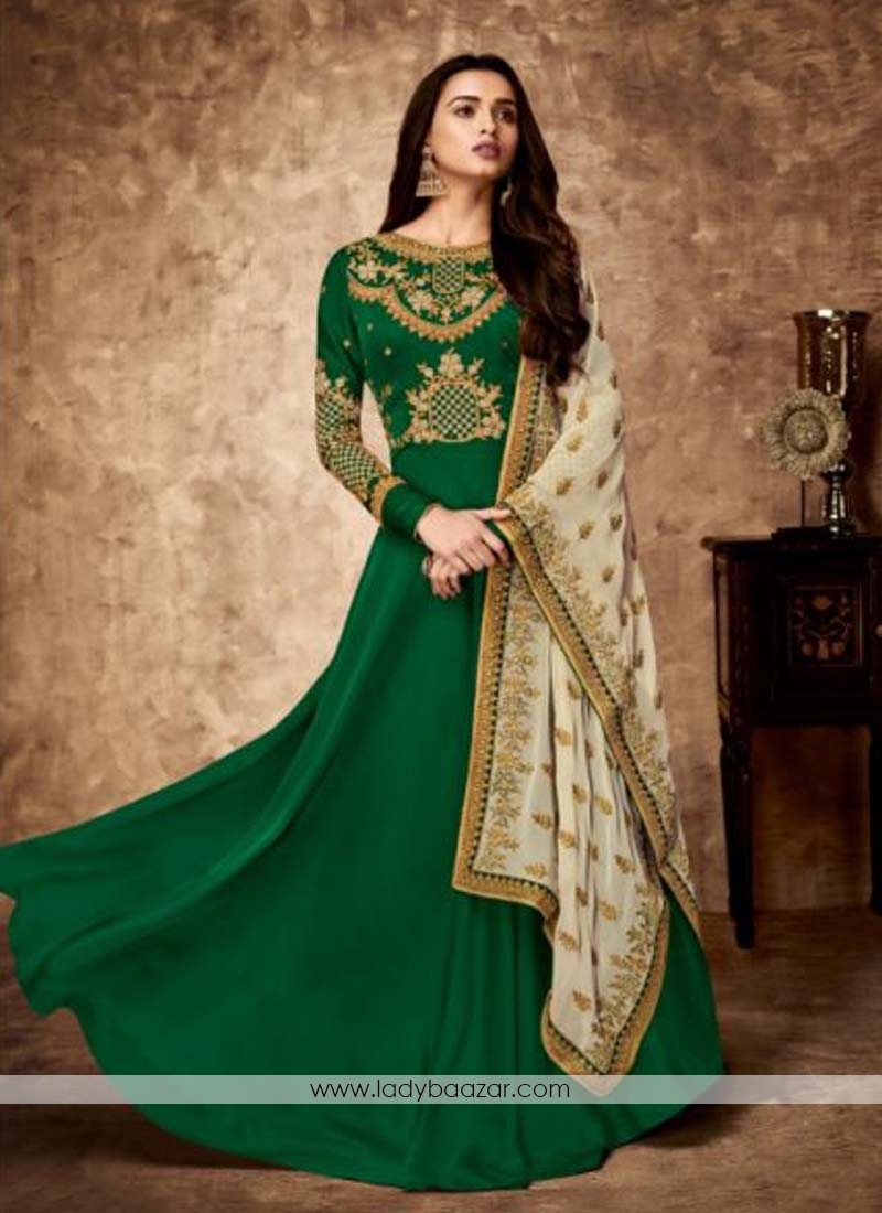 Observable Green Embroidered Georgette Floor Length Anarkali Suit