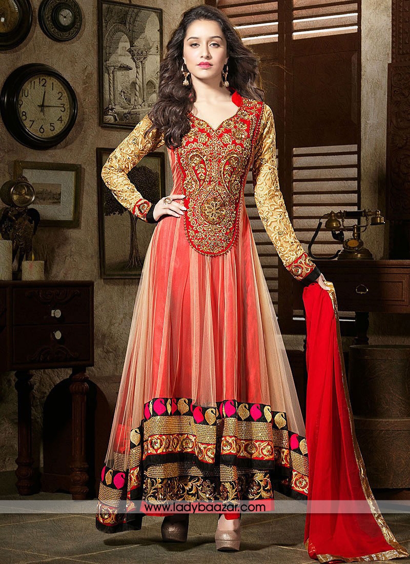 Opulent Embroidered Work Red & Cream Anarkali Salwar Kameez