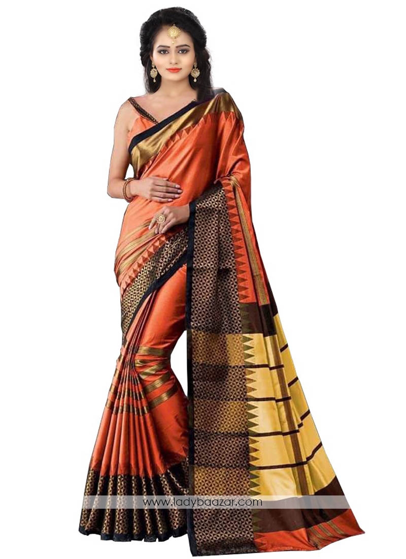 Orange Color Cotton Silk Printed Casual Saree