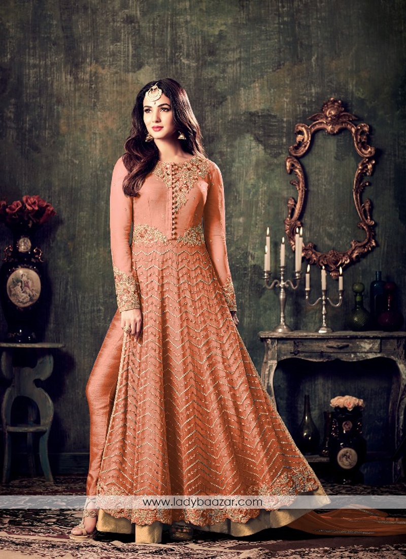 Orange Net Floor Length Anarkali Suit