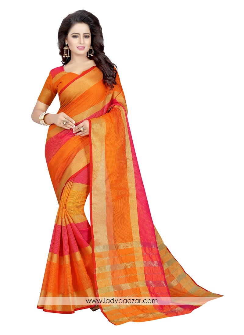 Orange Printed Cotton Casual Saree