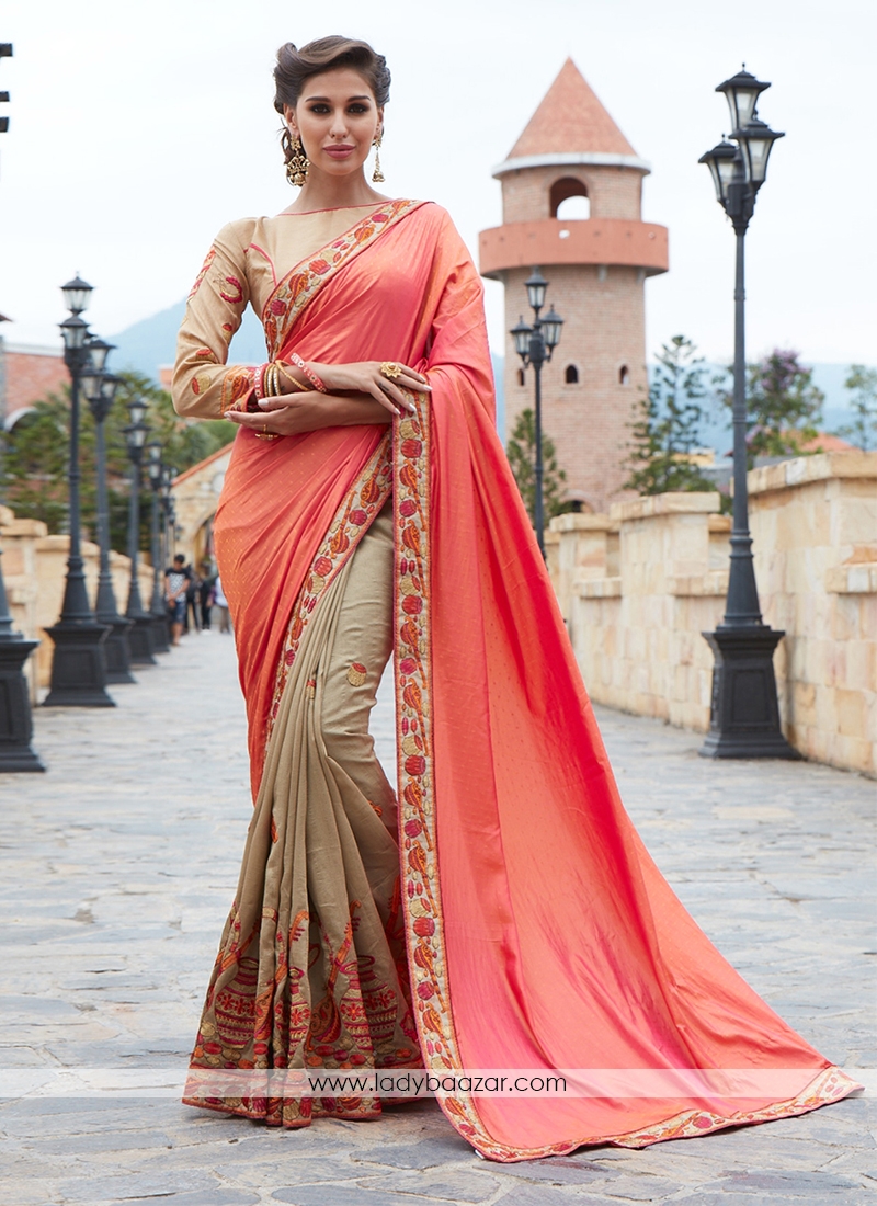 Orange With Beige Jacquard Silk Embroidery saree