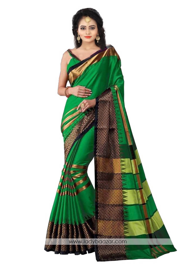 Orphic Green Cotton Silk Printed Casual Saree