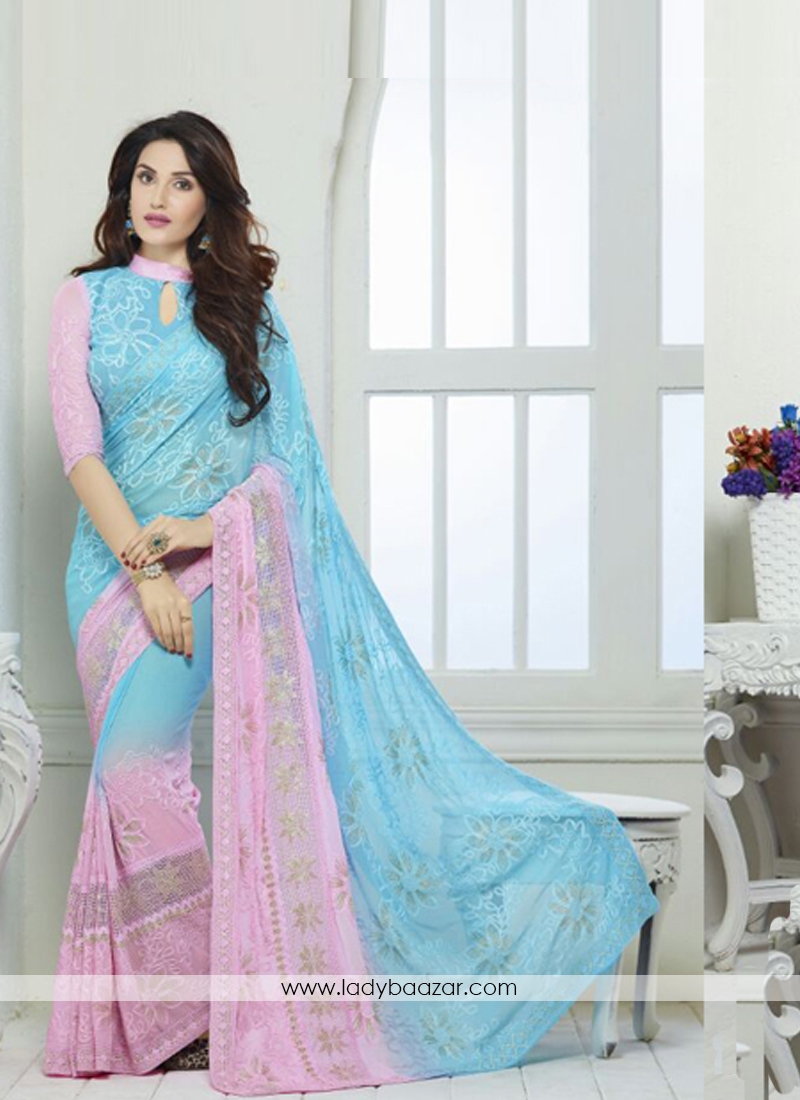 Orphic Silk  Pink And Turquoise Embroidered Work  Designer Saree