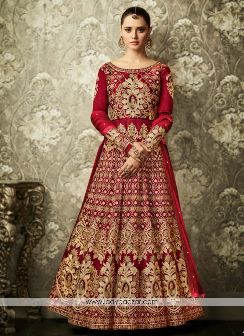 Outstanding Lace Work Maroon Mulberry Silk Floor Length Anarkali Suit