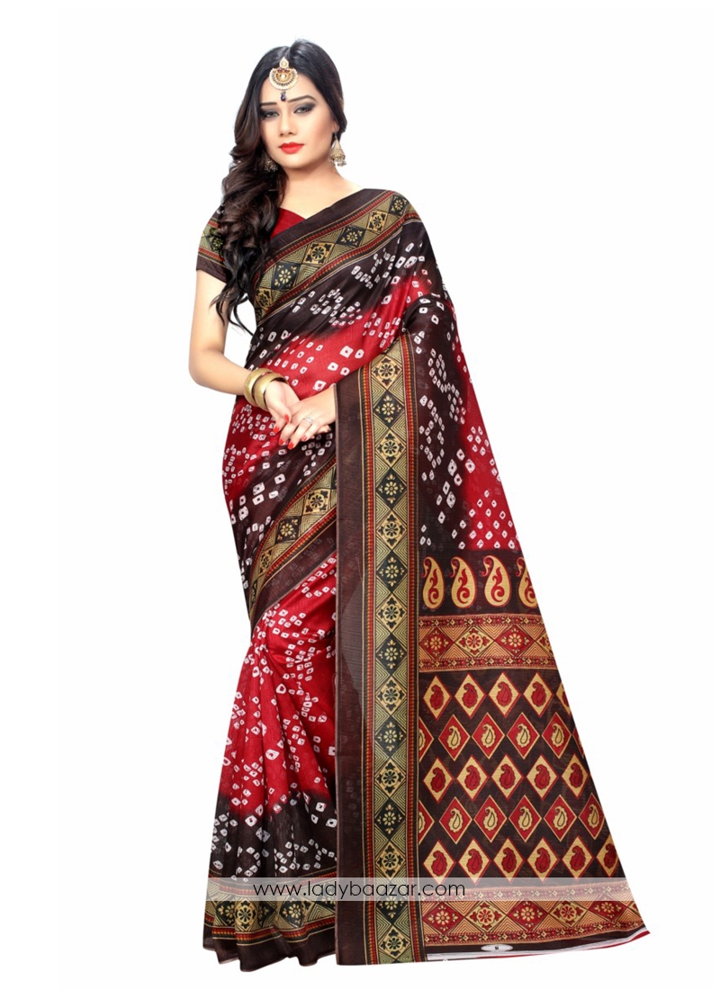 Outstanding Red Color Printed Bandhani Casual Saree