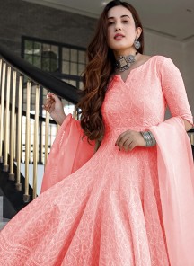 Peach Designer Anarkali Gown In Rayon With Lucknowi Chikankari Embroidery Work