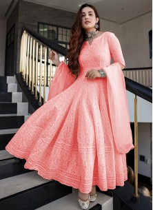 Peach Designer Anarkali Gown In Rayon With Lucknowi Chikankari Embroidery Work