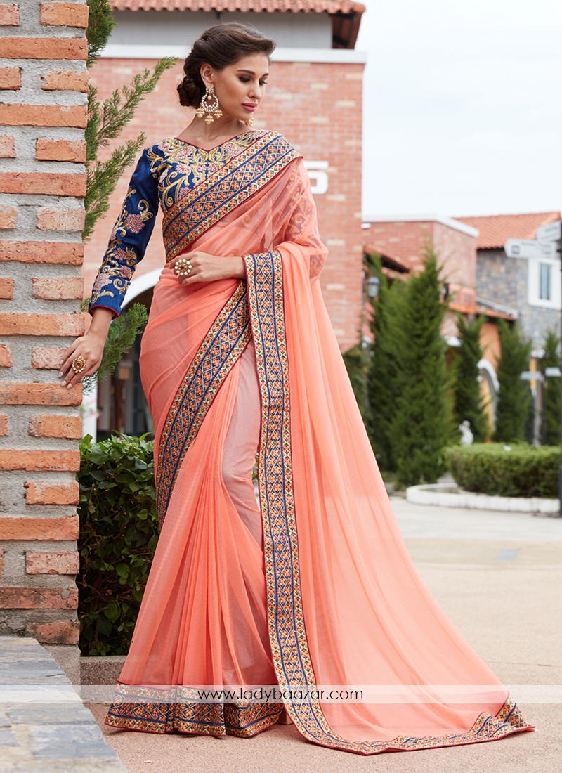 Peach Laykra Silk Valvet Work Embroidery Saree