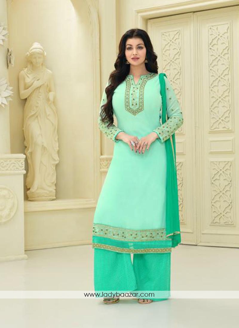 Peppy Green Faux Georgette Embroidery Work Palazzo Salwar Suit