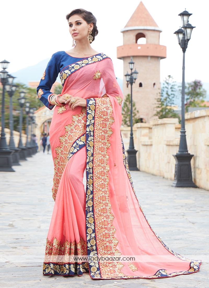 Flux Chiffon Pink  Embroidery Saree